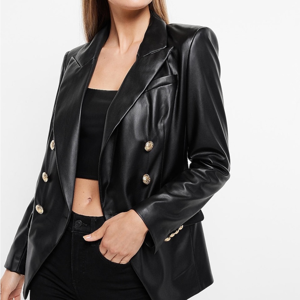 Express Black Faux Leather Gold Novelty Button Blazer
Jacket Size S